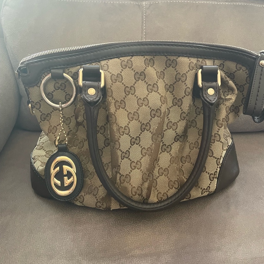 Gucci Tan and Brown Monogram satchel bag